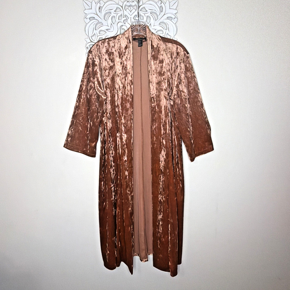FOREVER 21 size SMALL Crushed Velvet Long CARDIGAN Coatigan Duster BROWN
